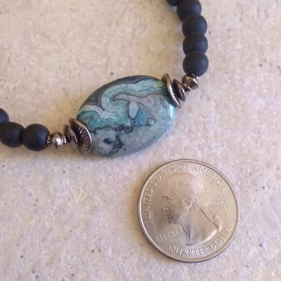 Blue Gray & Black - Sleek Crazy Lace Agate Bracelet - 6.5-7" Wrists - Minimalist - Picture 3 of 7